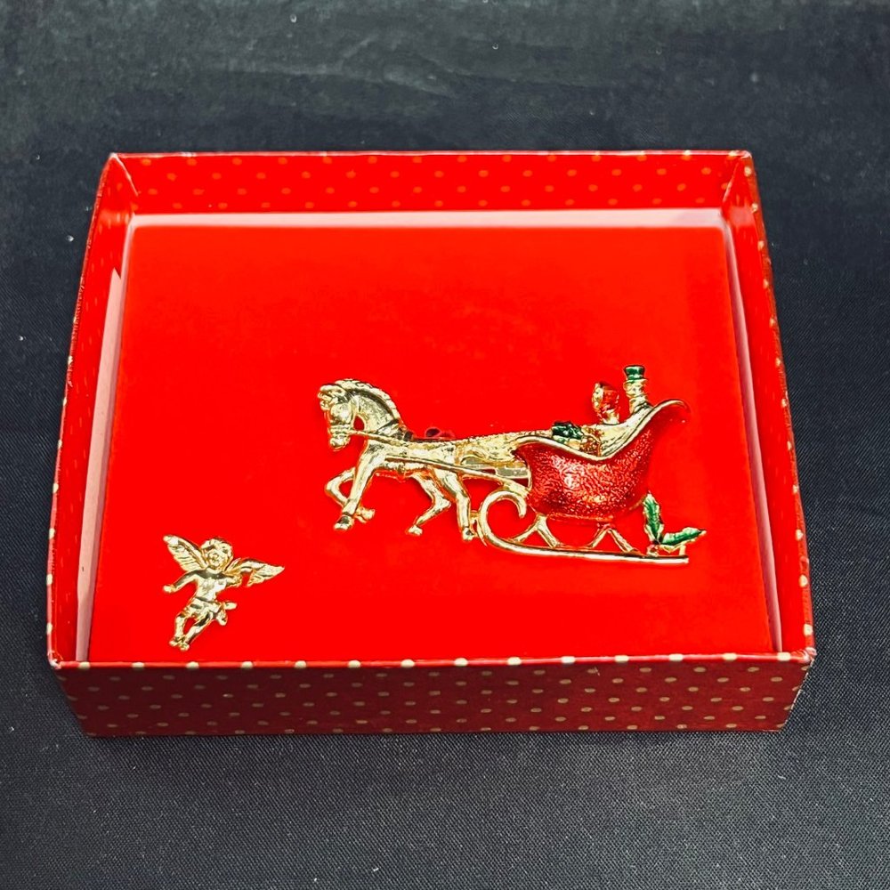 Gerry's Gold Tone And Enamel Christmas Sleigh Brooch With Bonus Angel Pin (5123)